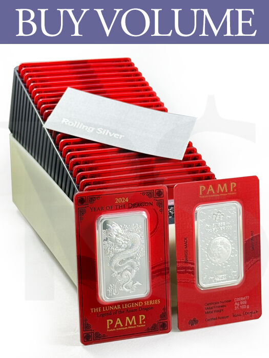 Buy Volume: Box of 25 or more PAMP Suisse Legend Dragon 1 oz Silver Bar