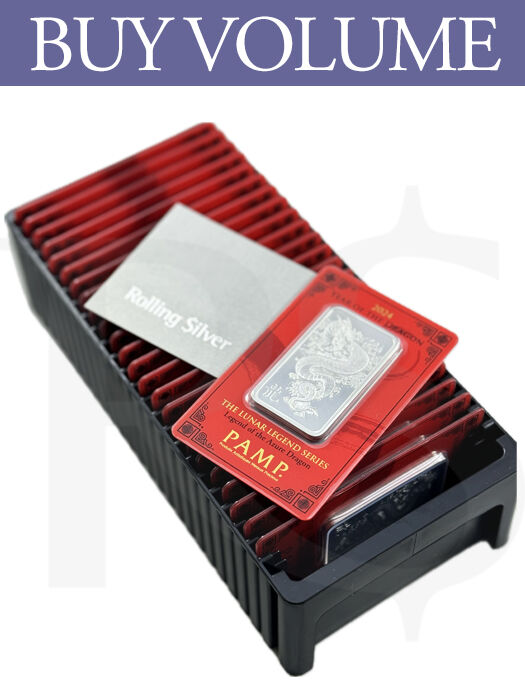 Buy Volume: Box of 25 or more PAMP Suisse Legend Dragon 1 oz Silver Bar