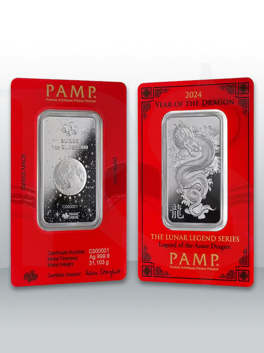 Buy Volume: Box of 25 or more PAMP Suisse Legend Dragon 1 oz Silver Bar