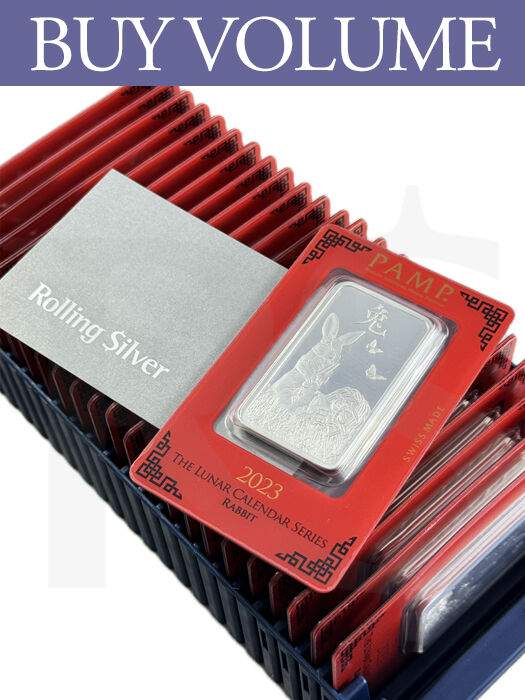 Buy Volume: Box of 25 or more PAMP Suisse Lunar Rabbit 1 oz Silver Bar
