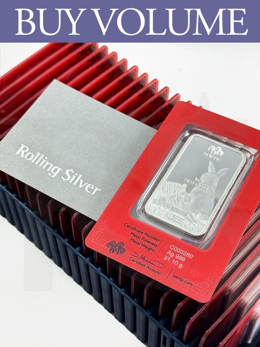 Buy Volume: Box of 25 or more PAMP Suisse Lunar Rabbit 1 oz Silver Bar