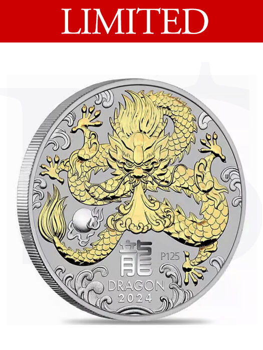 2024 Perth Mint Gold Gilded Dragon 1 oz Silver Coin (with Box)