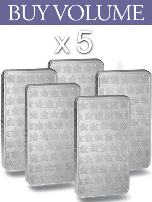 Buy Volume: 5 or more Royal Canadian Mint (RCM) 10 oz Silver Bar