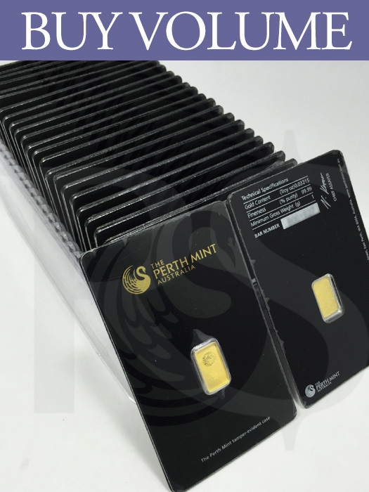 Buy Volume: Box of 25 or more Perth Mint 1 gram 999 Gold Bars