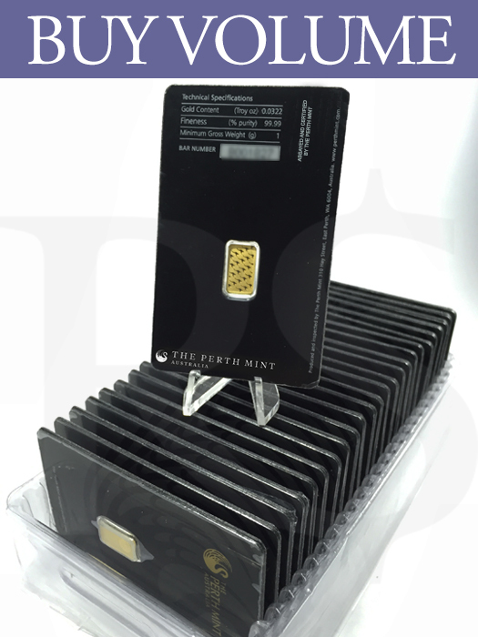 Buy Volume: Box of 25 or more Perth Mint 1 gram 999 Gold Bars
