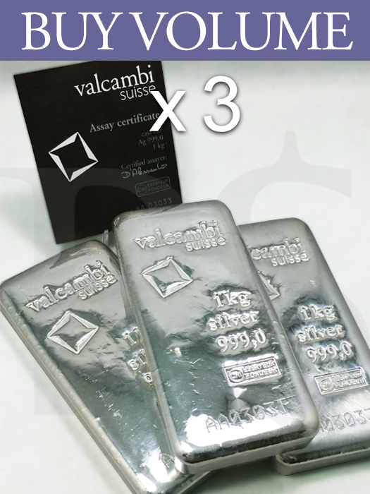 Buy Volume: 3 or more Valcambi Suisse 999 Silver Kilo Bar