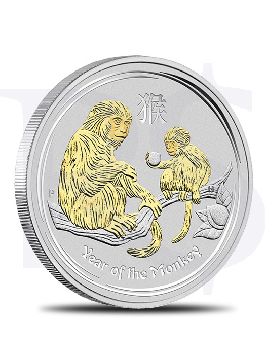 2016 Perth Mint Gold Gilded Monkey 1 oz Silver Coin