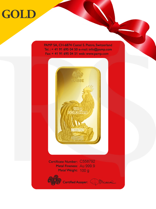 PAMP Suisse Lunar Rooster 100 gram Gold Bar