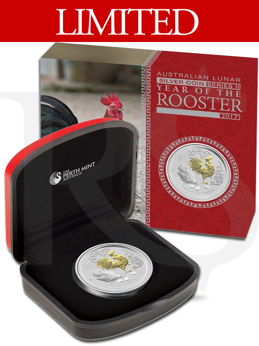 2017 Perth Mint Gold Gilded Rooster 1 oz Silver Coin