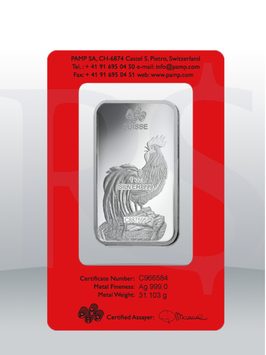 PAMP Suisse Lunar Rooster 1 oz Silver Bar