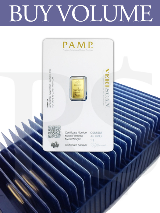 Buy Volume: Box of 25 or more PAMP Suisse Lady Fortuna 1 gram Gold Bars