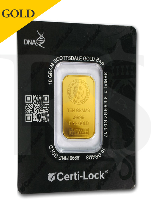 Scottsdale Certi-Lock 10 gram .9999 Gold Bar