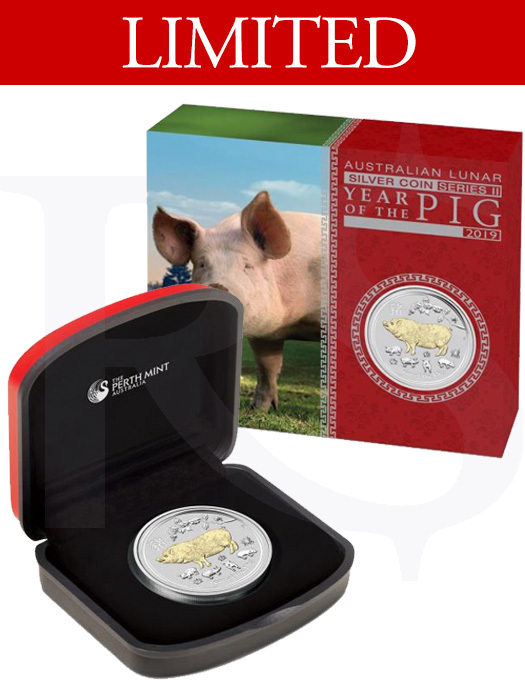 2019 Perth Mint Gold Gilded Pig 1 oz Silver Coin