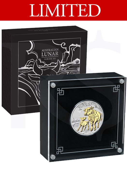 2021 Perth Mint Gold Gilded Ox 1 oz Silver Coin (with Box)