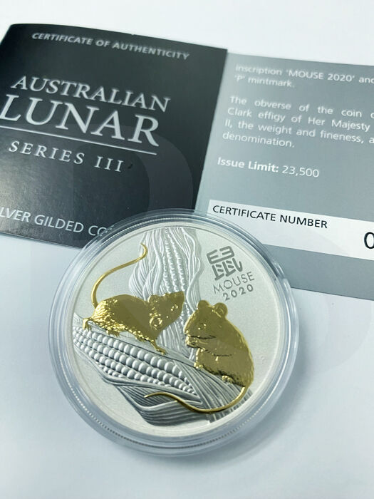 2020 Perth Mint Gold Gilded Mouse 1oz Silver Coin (in Capsule)