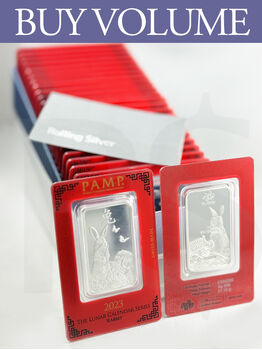 Buy Volume: Box of 25 or more PAMP Suisse Lunar Rabbit 1 oz Silver Bar